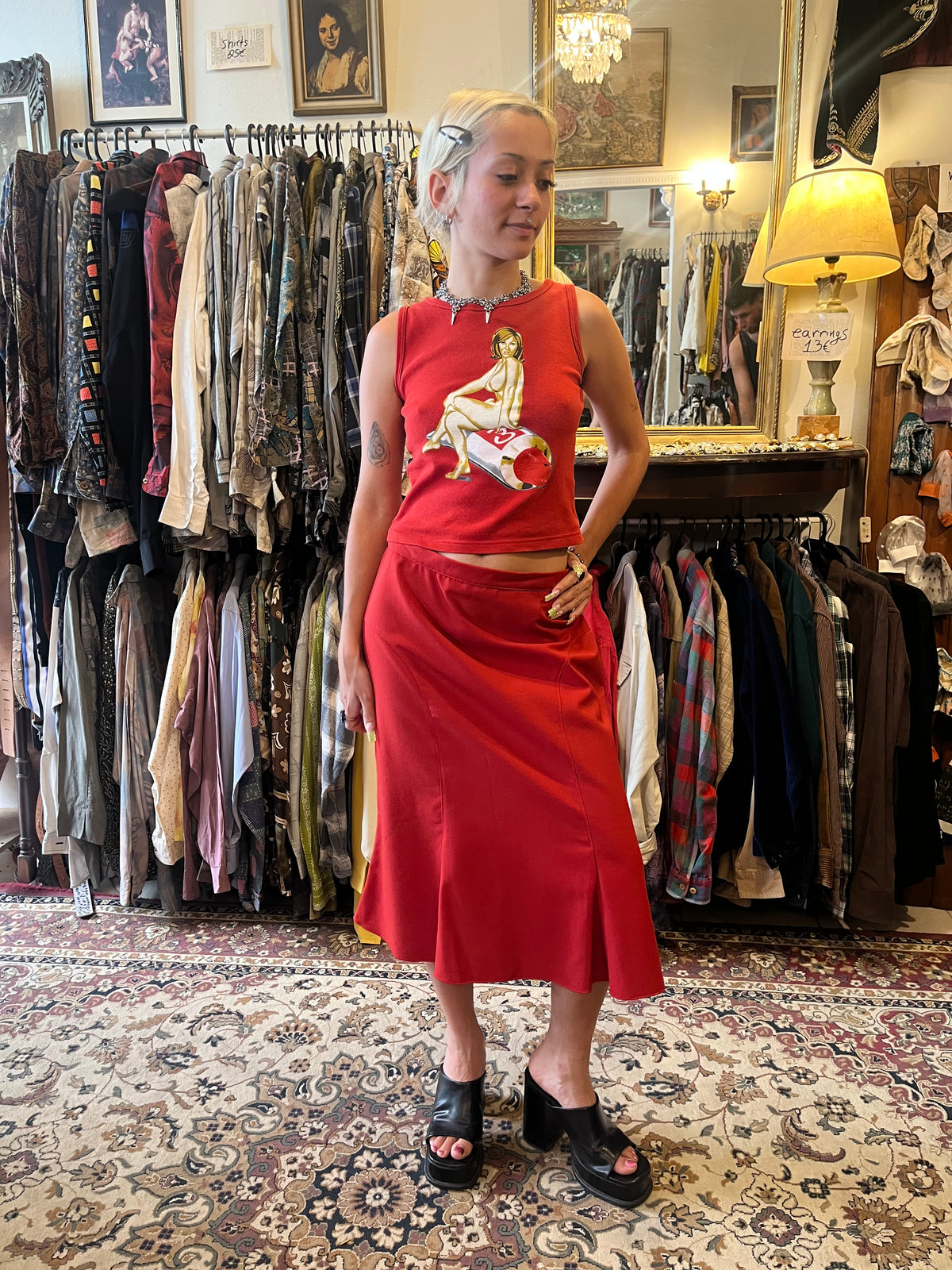 60s red midi skirt .Fits best M in high waisted fit or S/XS in low rise