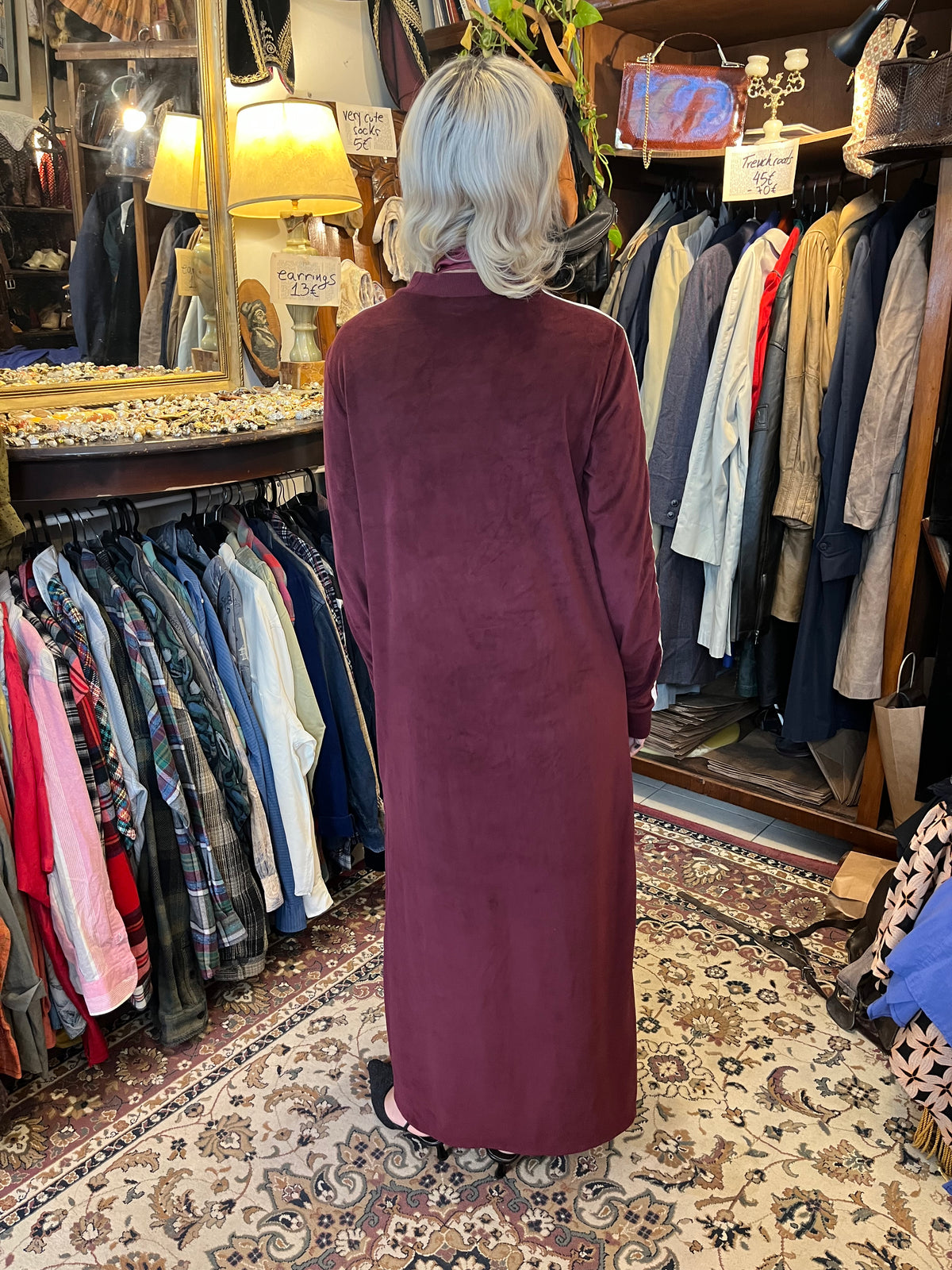 Vintage Adidas maxi dress in deep burgundy velvet, featuring the iconic three stripes and embroidered Trefoil logo.