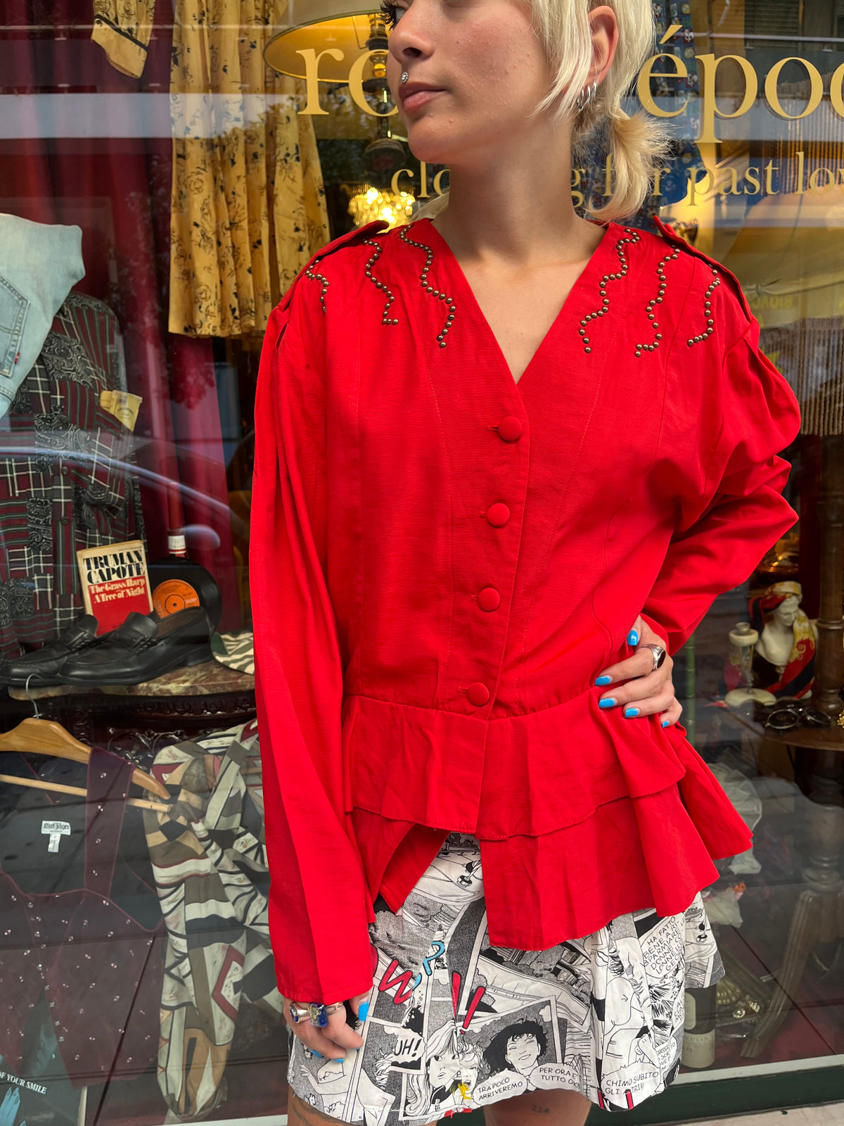 Bright Red Vintage Shirt Ruffle Hem