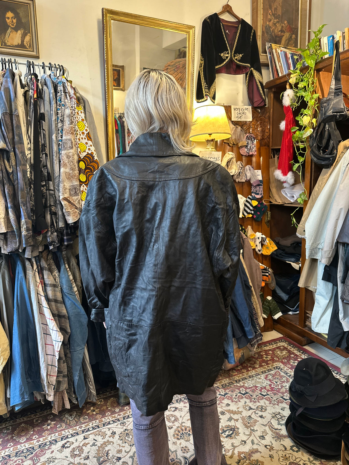 Vintage Black Leather Jacket with Flower Details
