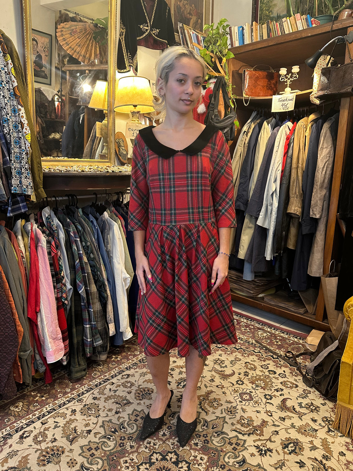 Red Plaid Dress with Black Collar