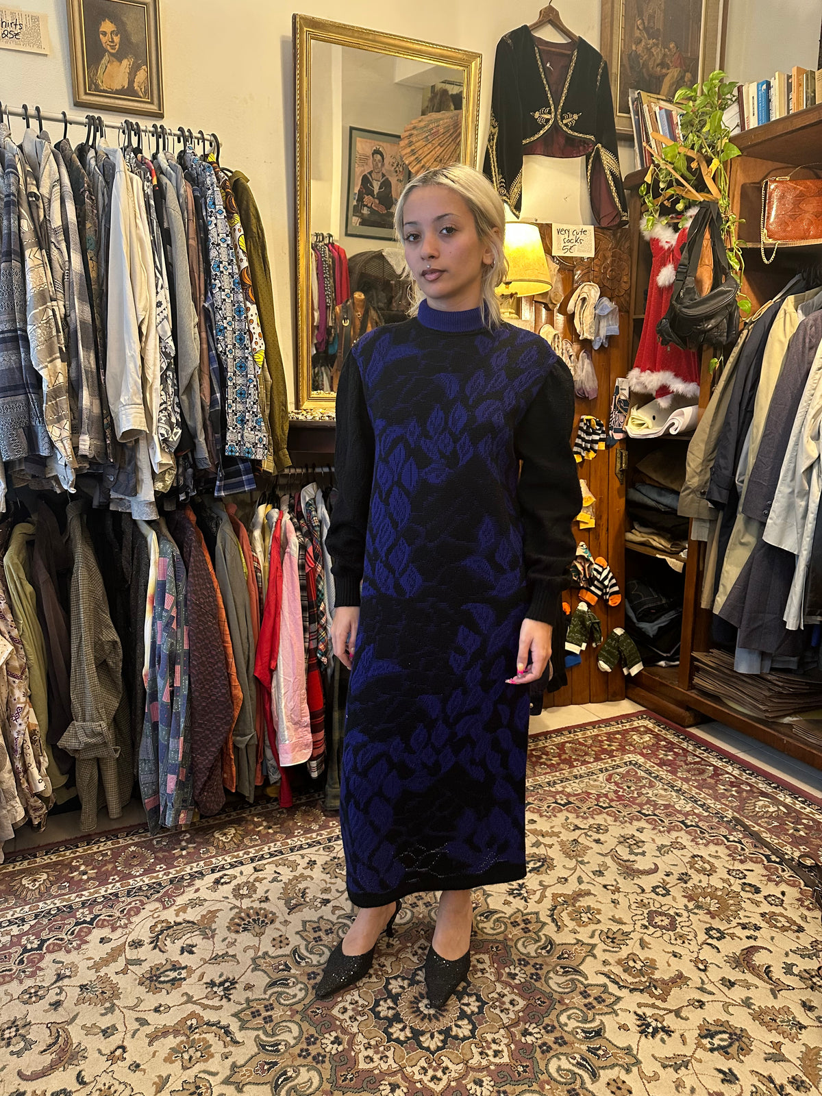 Blue and Black Maxi Sweater Dress