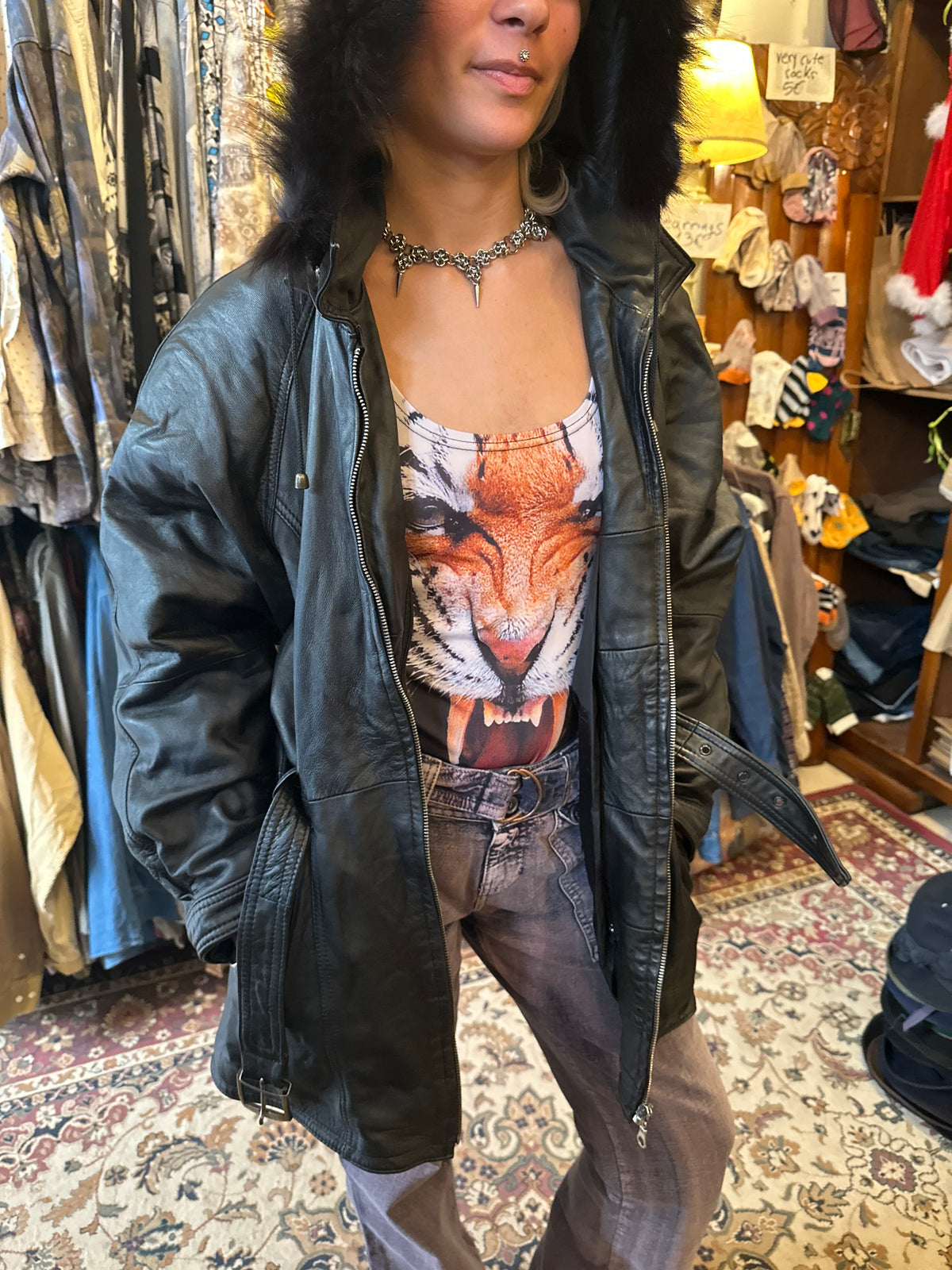 Vintage Black Fur Hood Leather Jacket