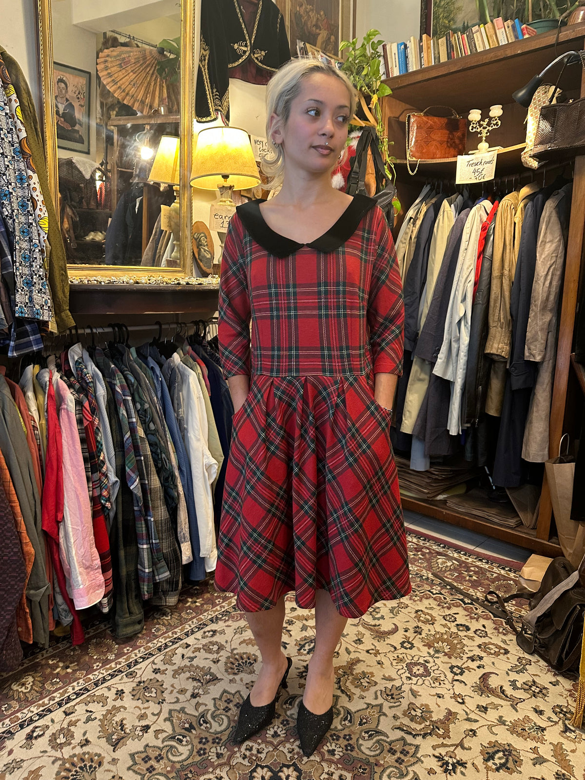 Red Plaid Dress with Black Collar