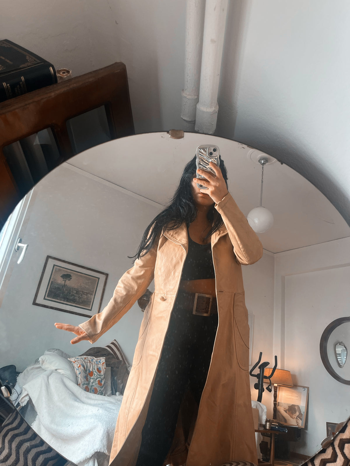 One button two pocket genuine leather 90s coat