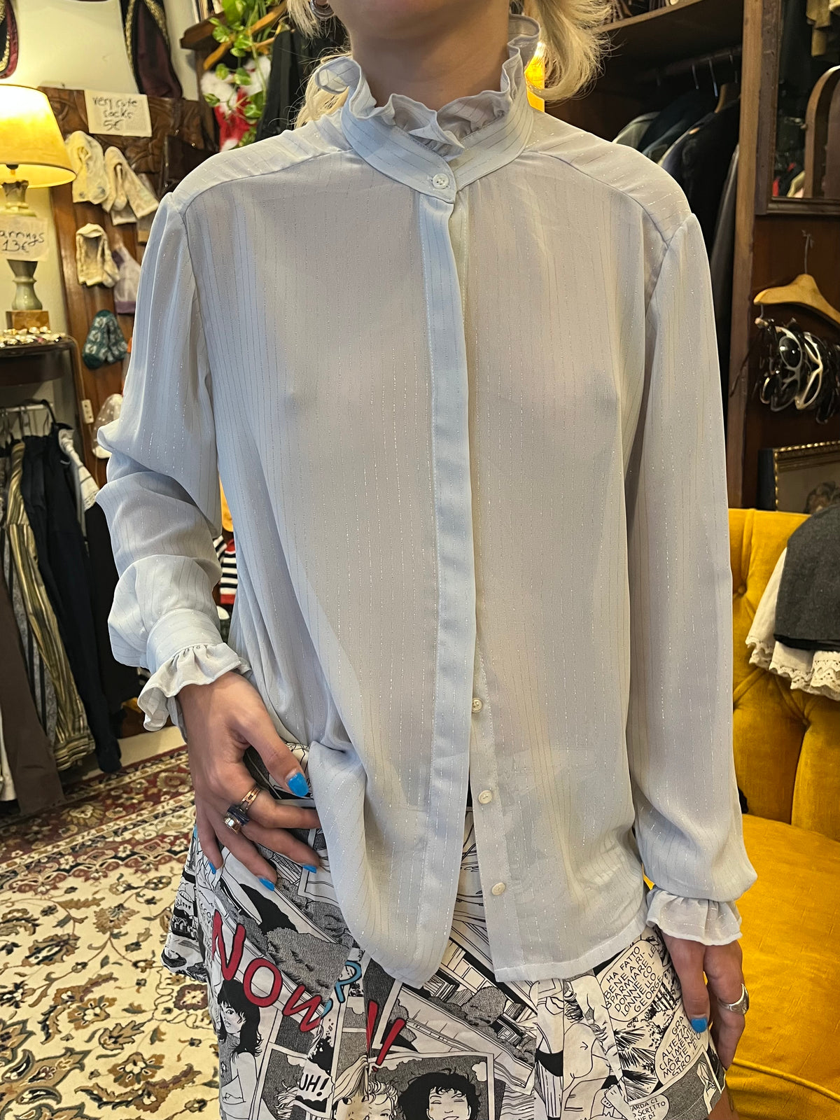 Vintage Baby Blue Ruffle Collared Shirt