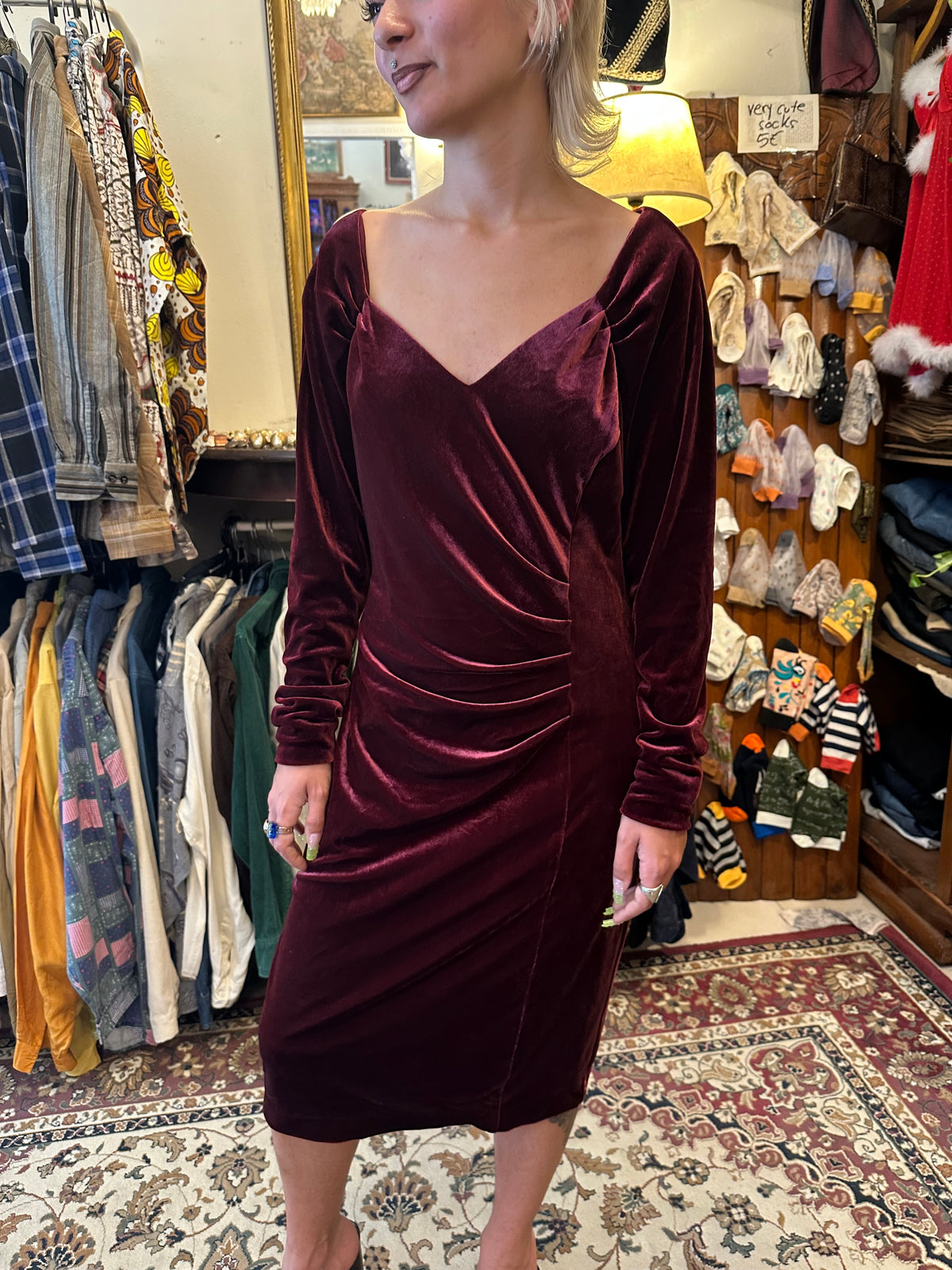 Vintage Midi Wine Red Velvet Dress