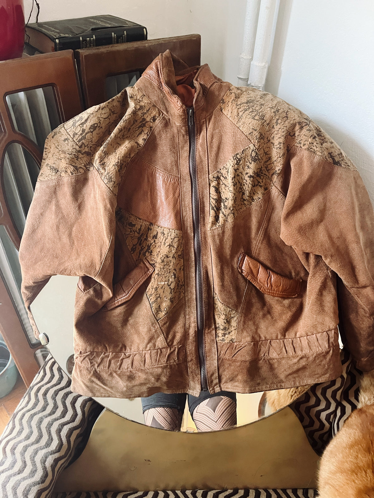90s patterned zip up suede  jacket .