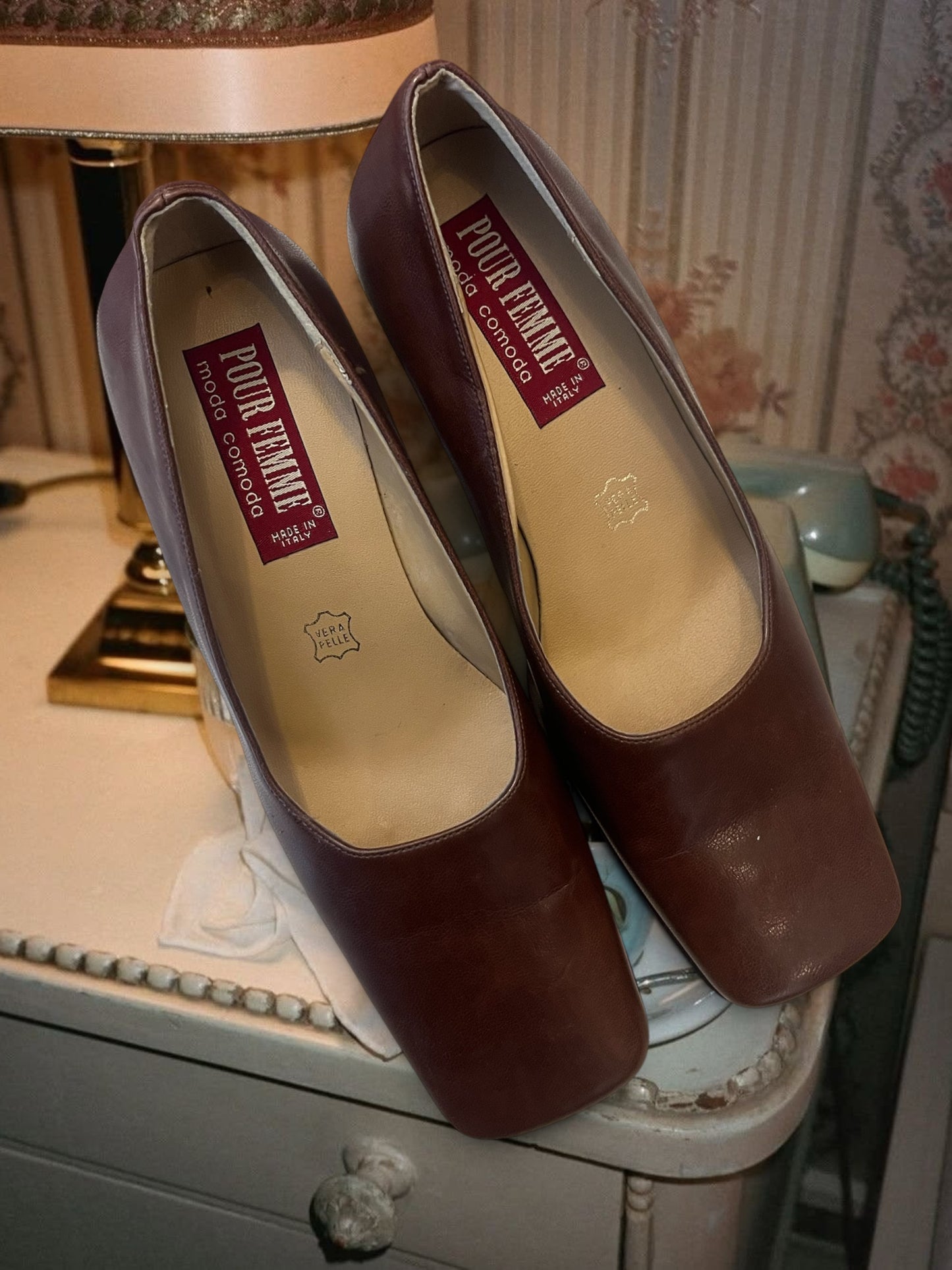 French style leather brown heeled everyday shoes