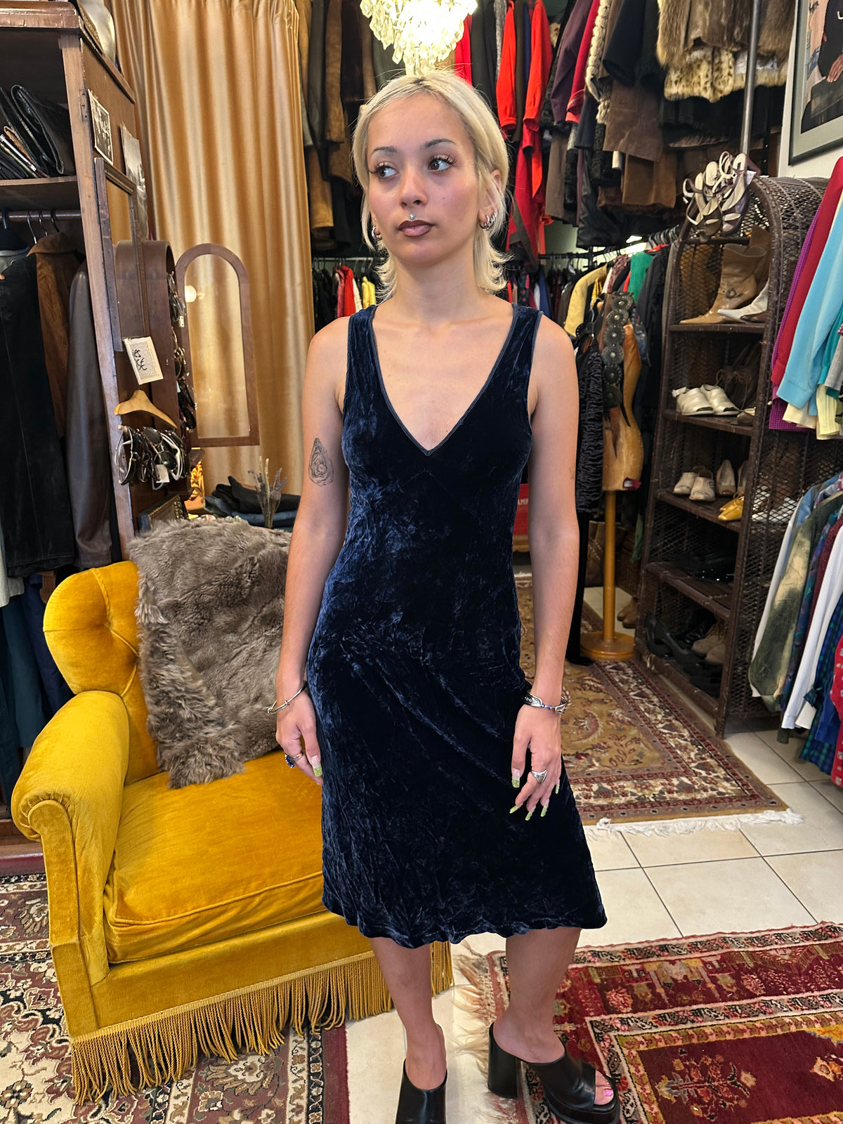 Blue velvet midi dress