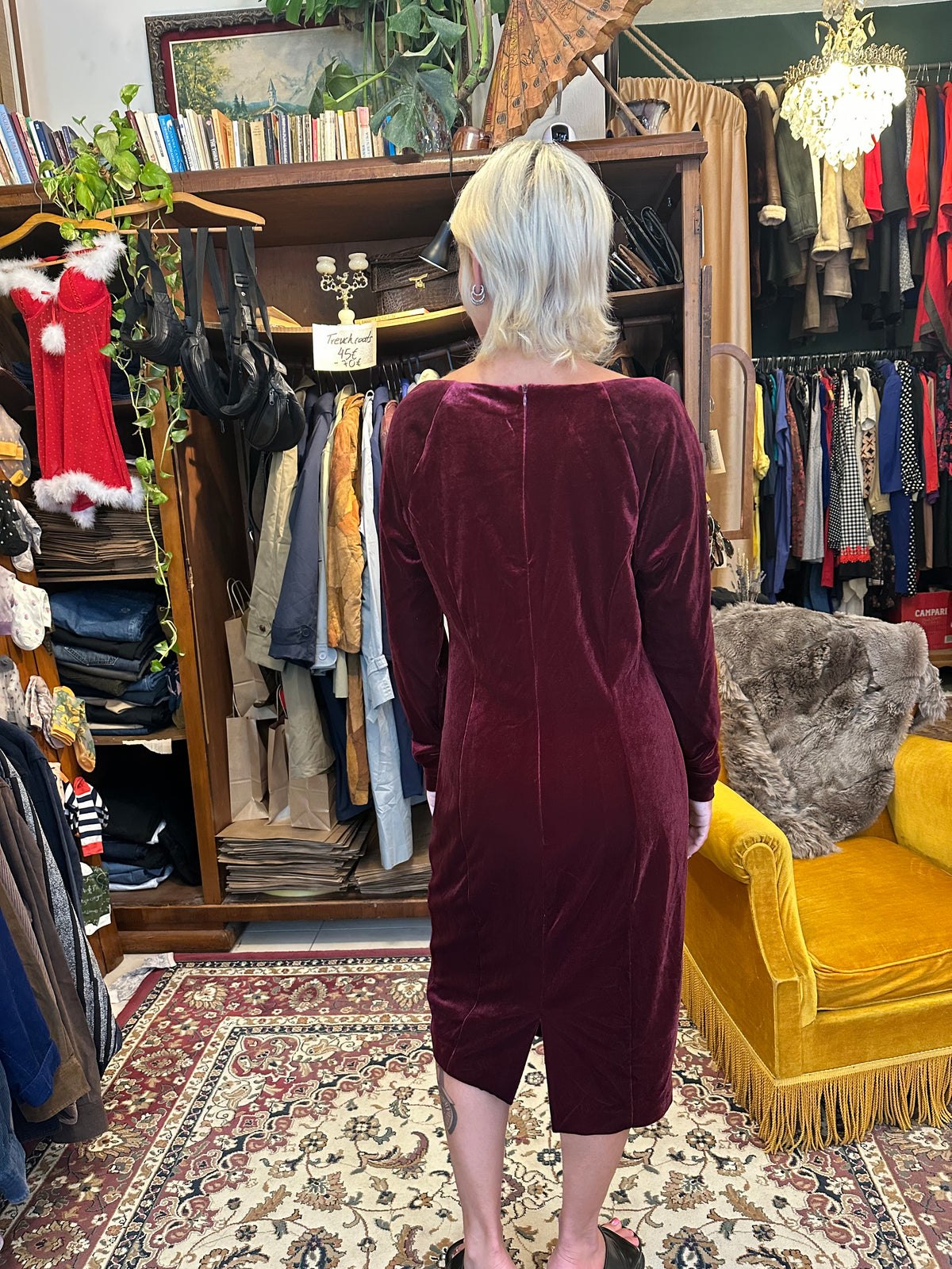 Vintage Midi Wine Red Velvet Dress