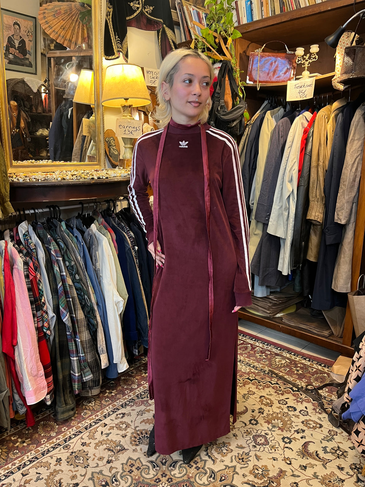 Vintage Adidas maxi dress in deep burgundy velvet, featuring the iconic three stripes and embroidered Trefoil logo.