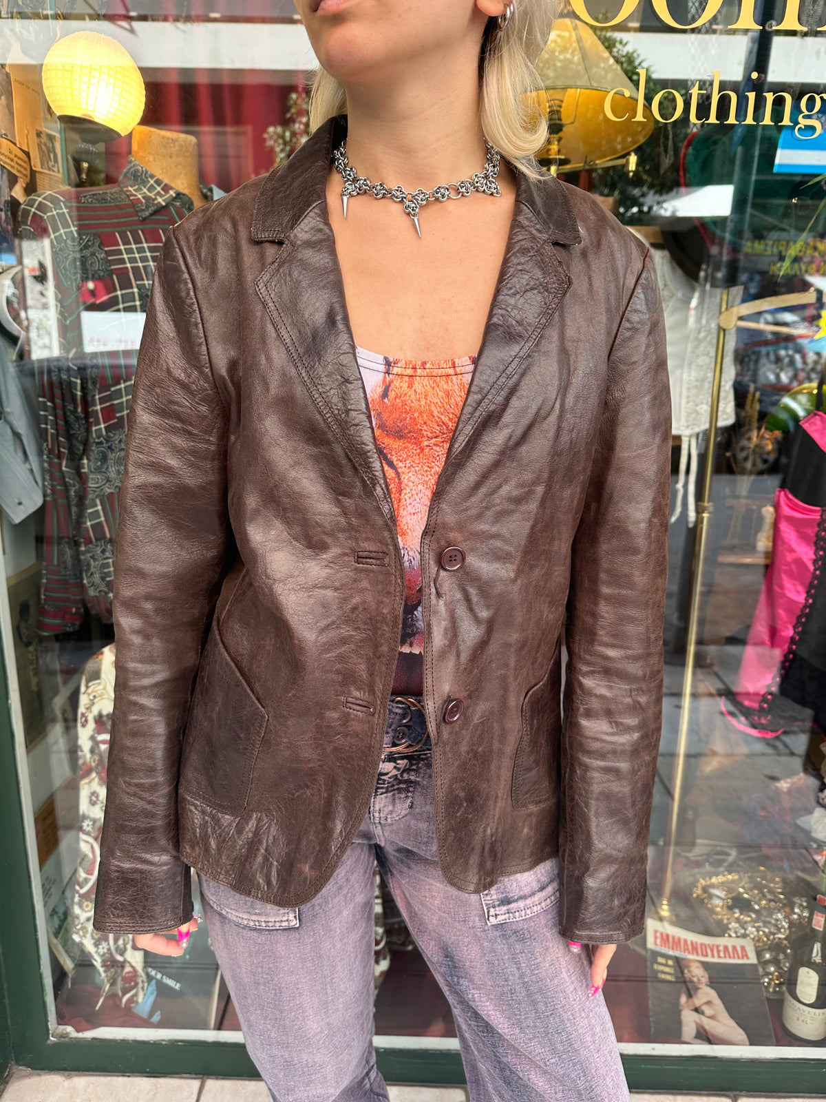 Leather brown button up blazer /jacket