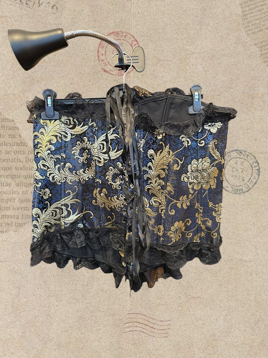 Victorian navy corset with gold brocade and black lace. Adjustable satin lace-up design. A timeless gothic statement piece