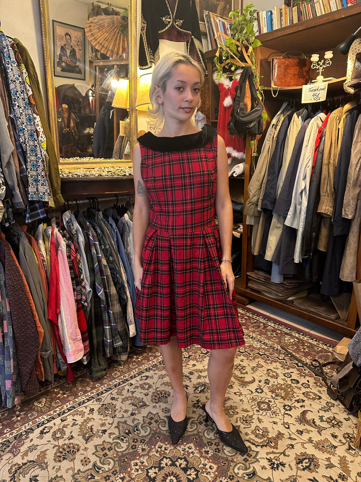 Sleeveless Midi Red Plaid Vintage Dress