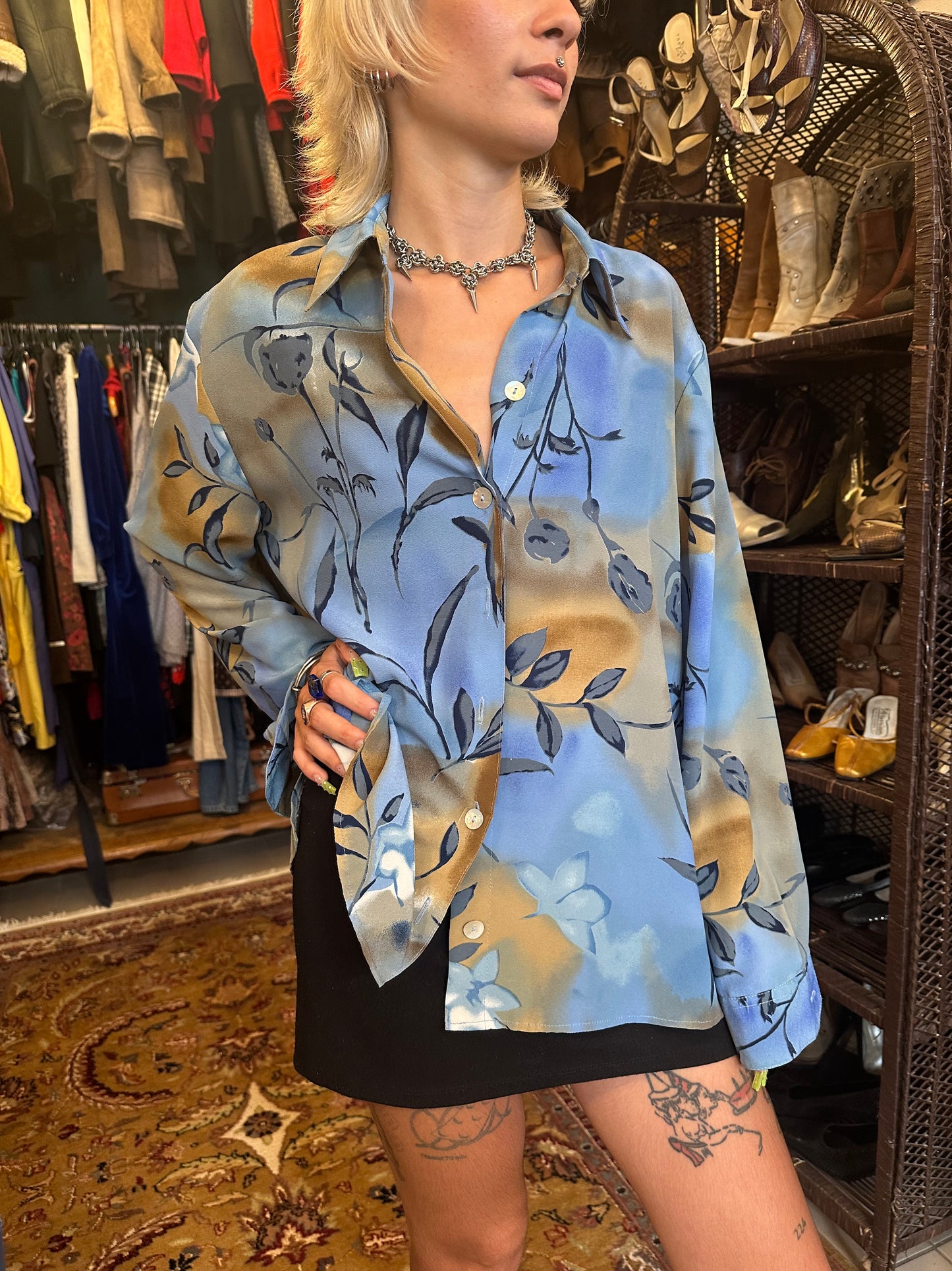 Vintage Floral Print Blue and Gold Shirt