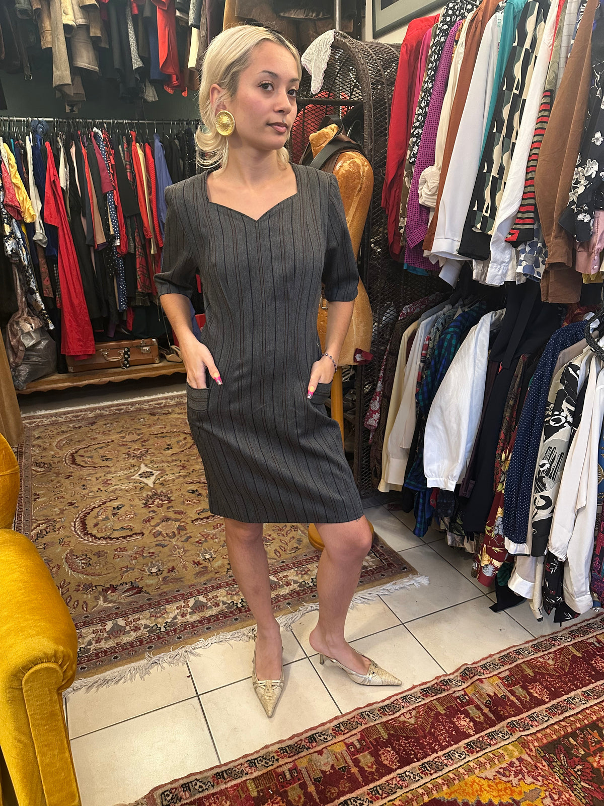 Grey Striped Vintage Dress with Pockets