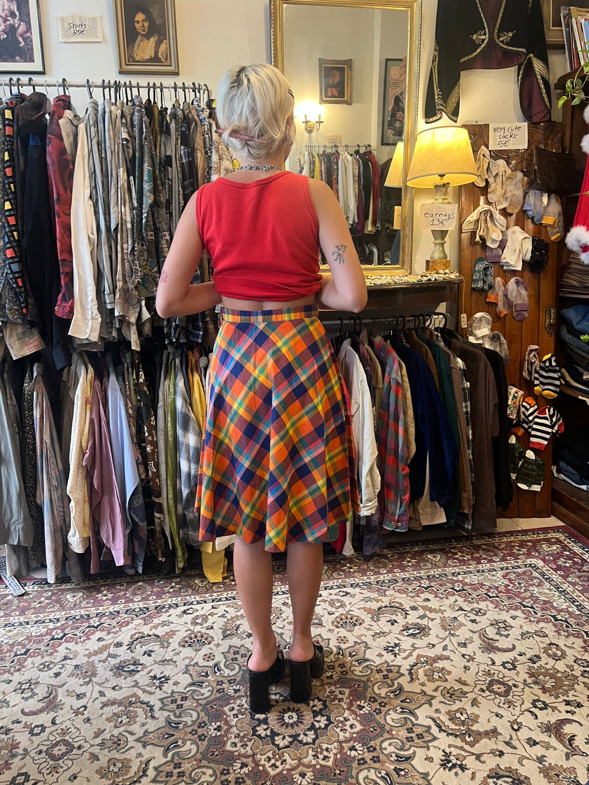 Colourful midi plaid high waisted skirt