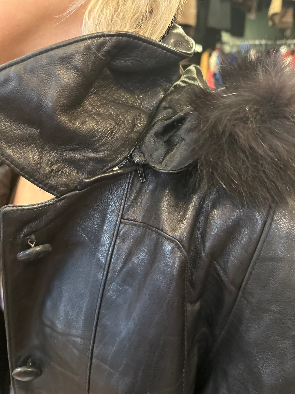 Black Long Fur Hood Leather Jacket