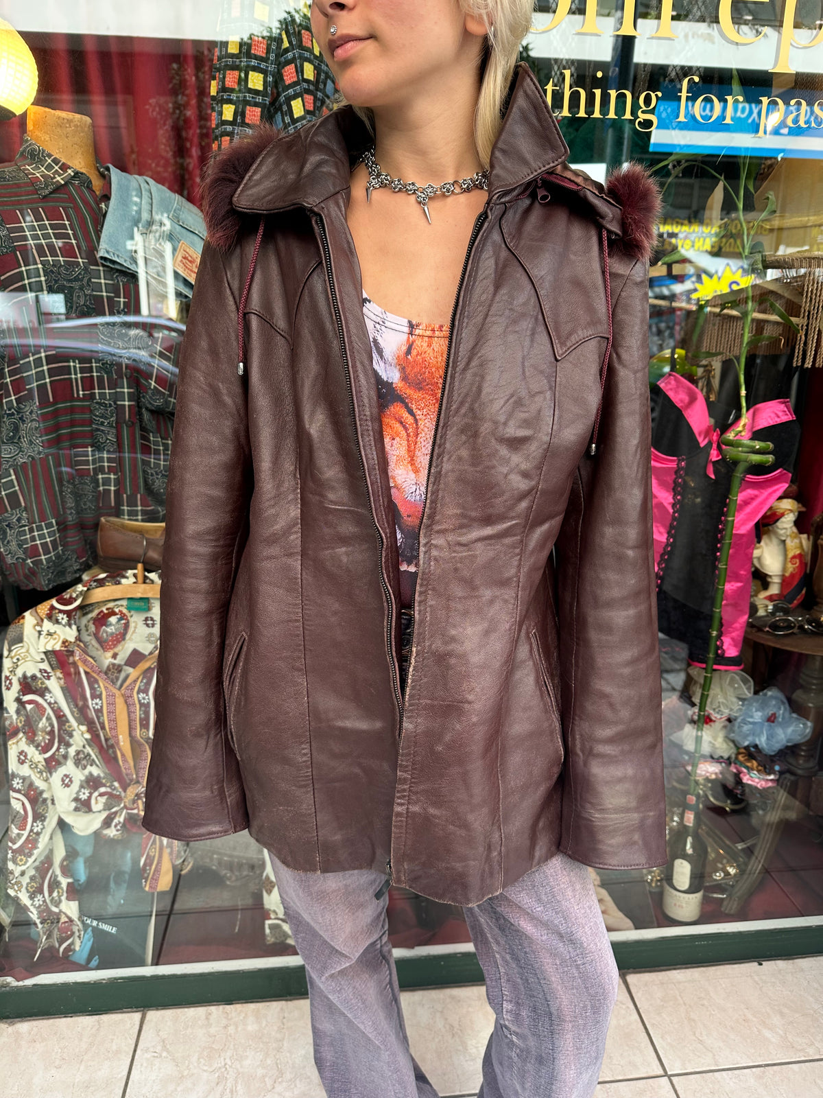 Brown Leather Jacket with Fur Hood