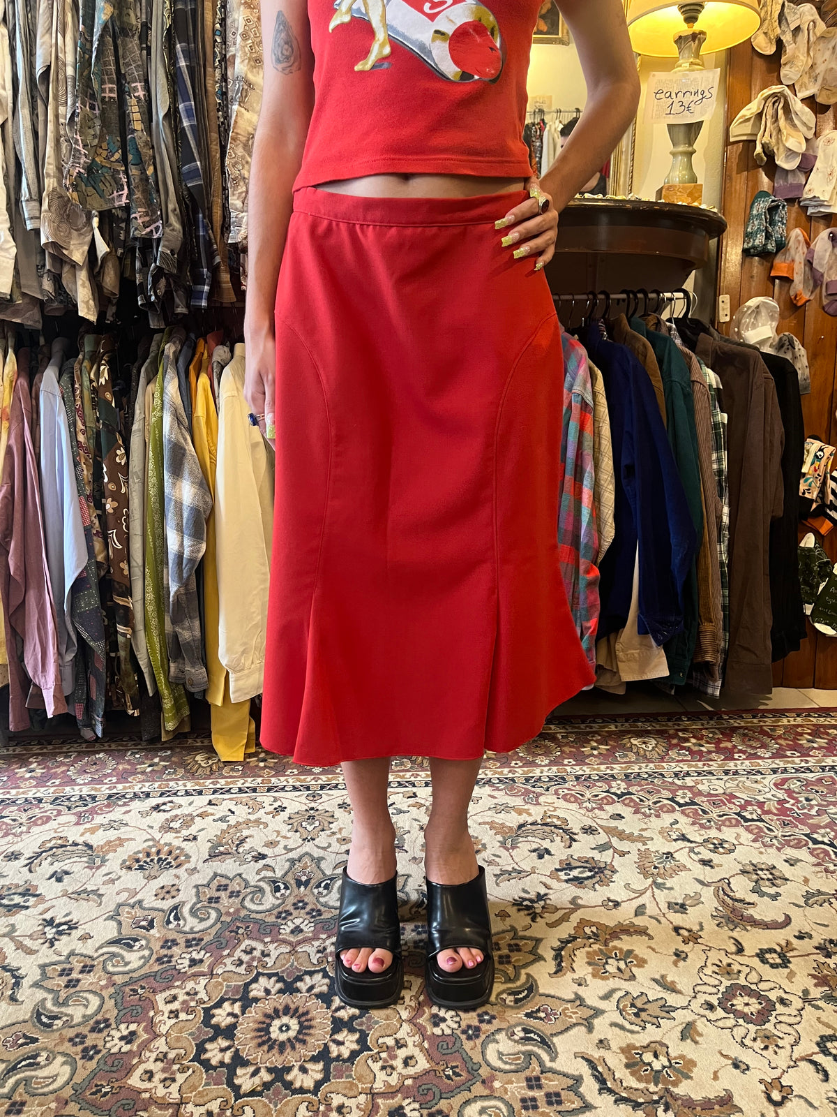 60s red midi skirt .Fits best M in high waisted fit or S/XS in low rise