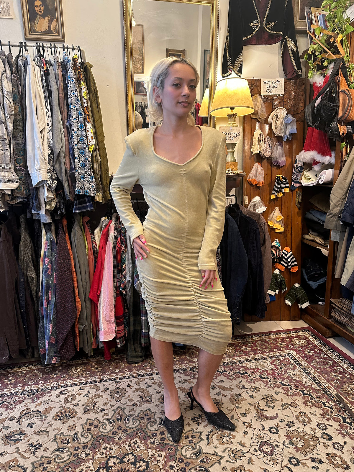 Beige Velvet Dress Midi Vintage Dress