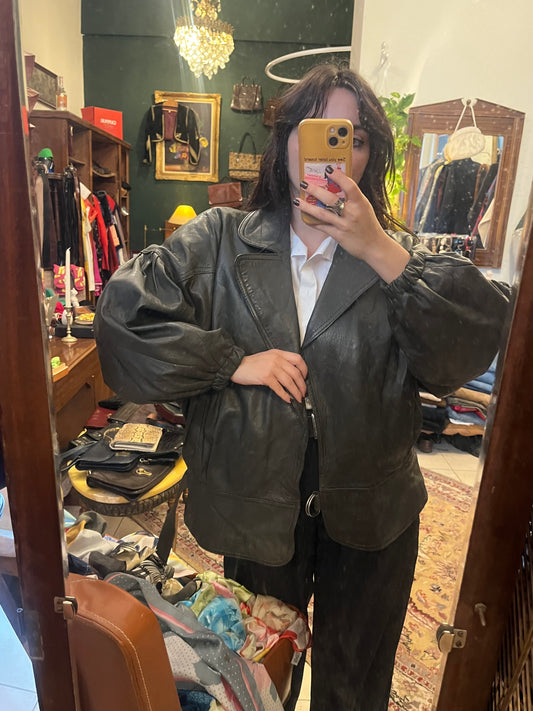 80s dark grey /black genuine leather puffy sleeve jacket .♥️Suits S-L depending on desired suit .