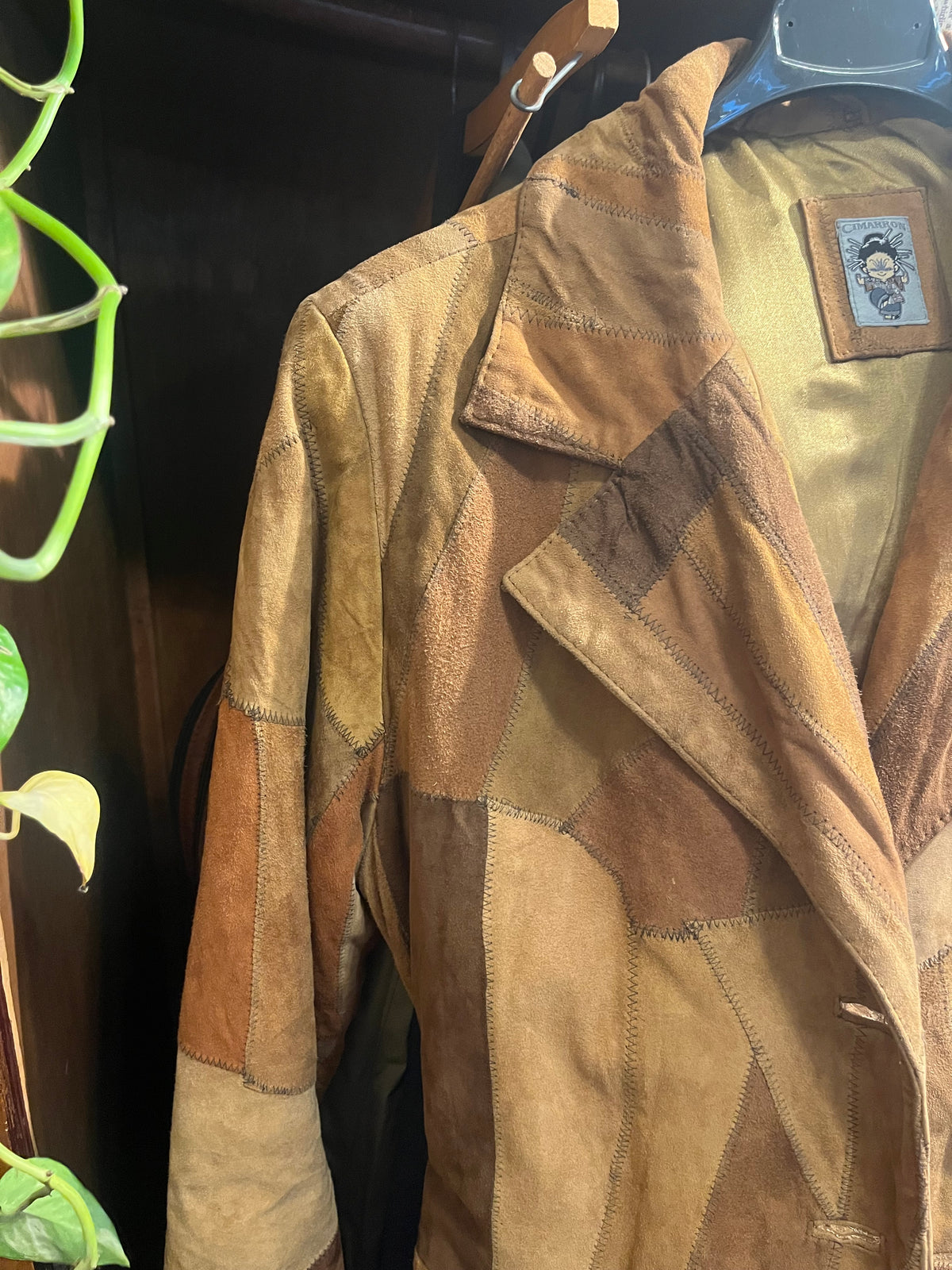 70s patchwork suede belted midi coat 
S/M