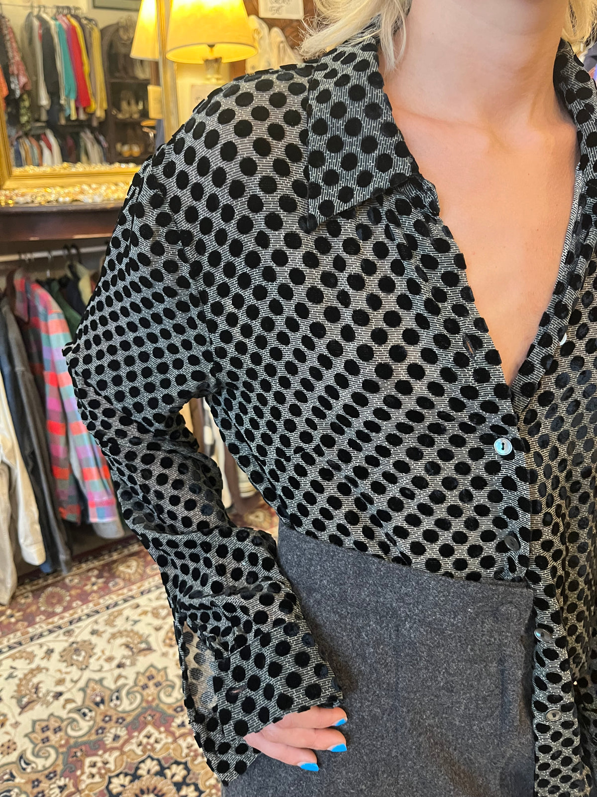 Vintage button up see through polka dot shirt