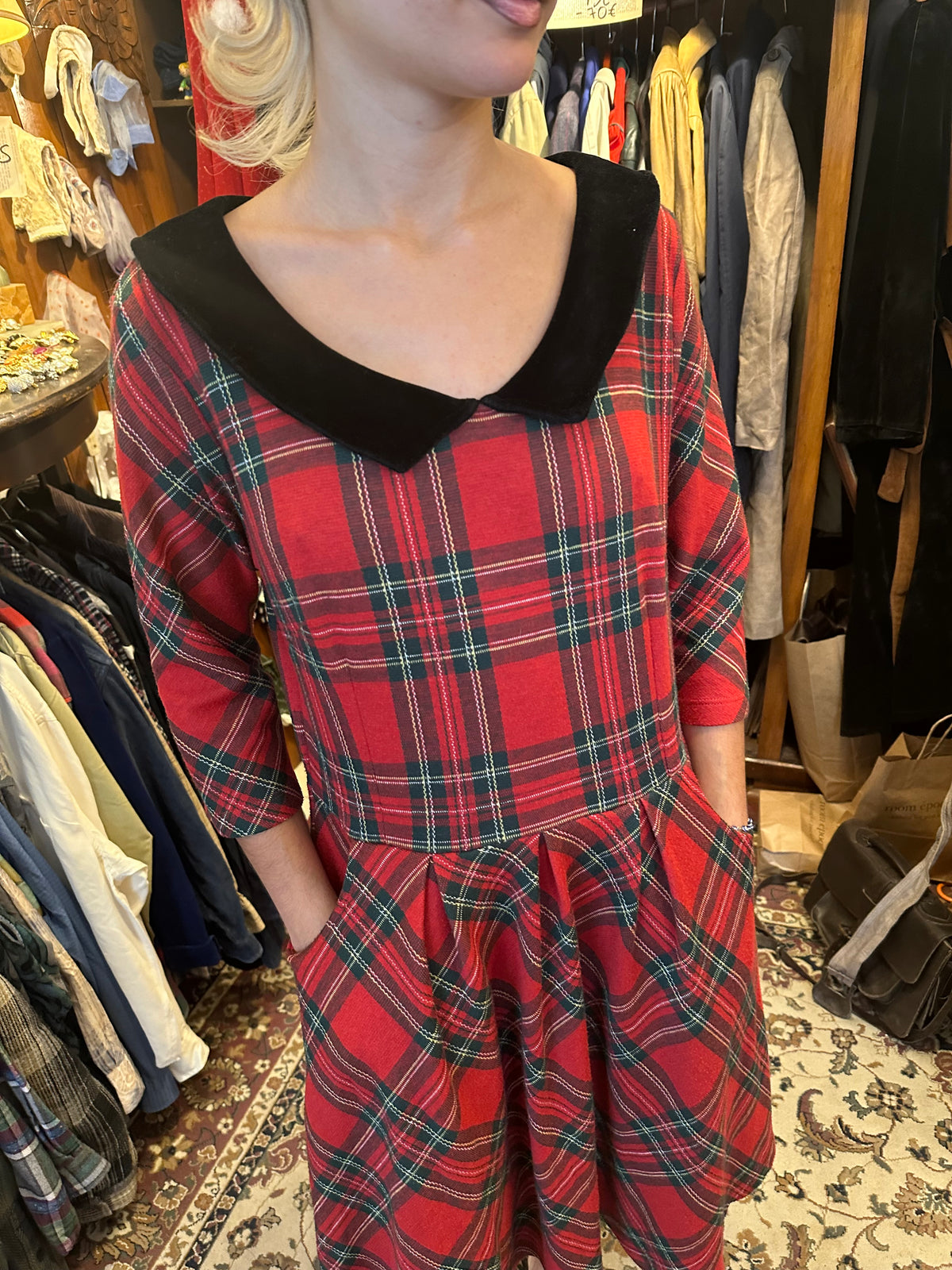 Red Plaid Dress with Black Collar