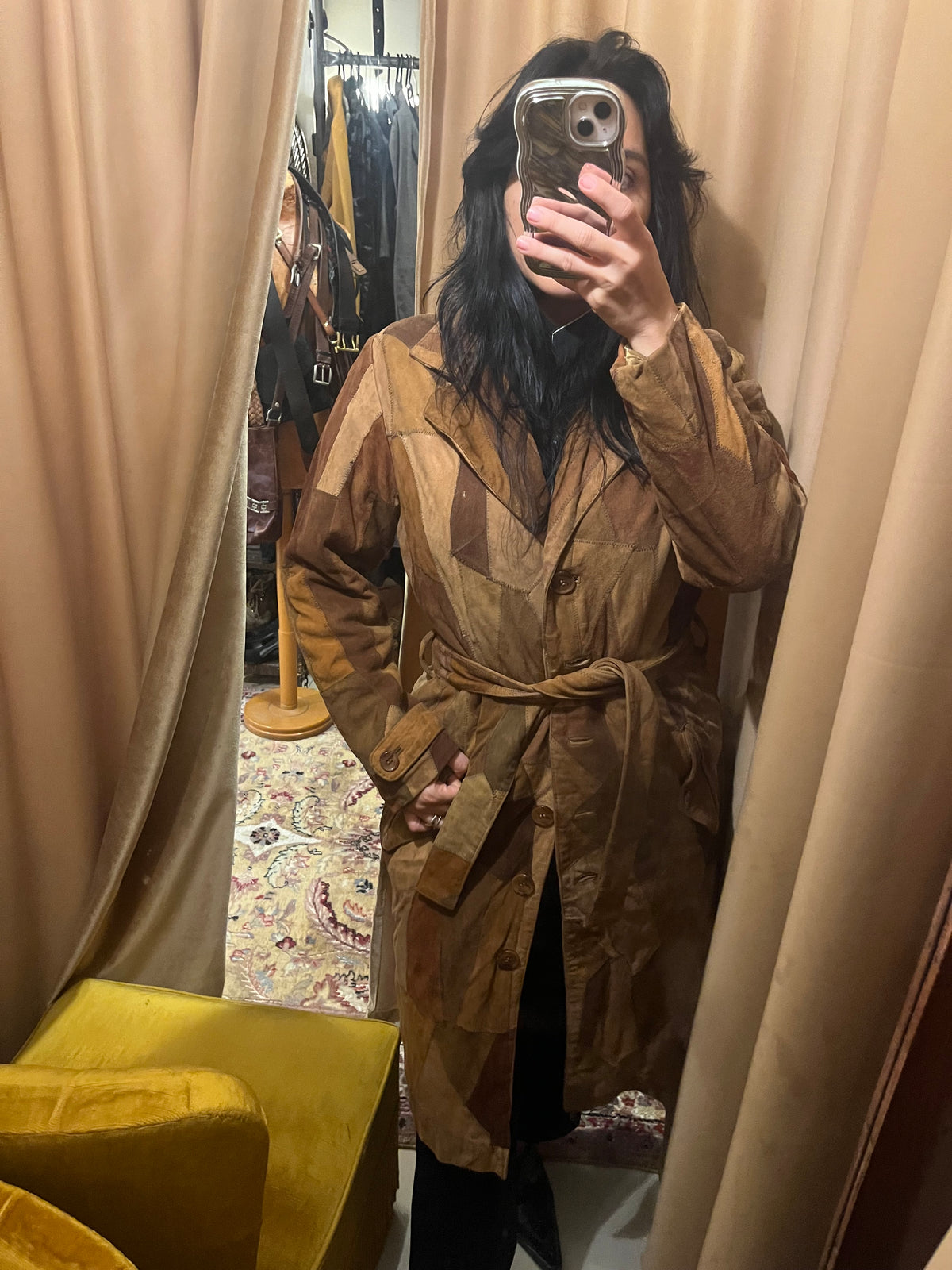 70s patchwork suede belted midi coat 
S/M