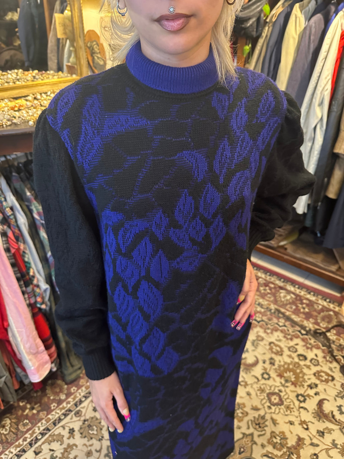 Blue and Black Maxi Sweater Dress