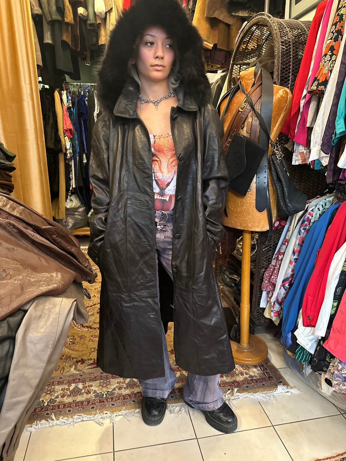 Black Long Fur Hood Leather Jacket