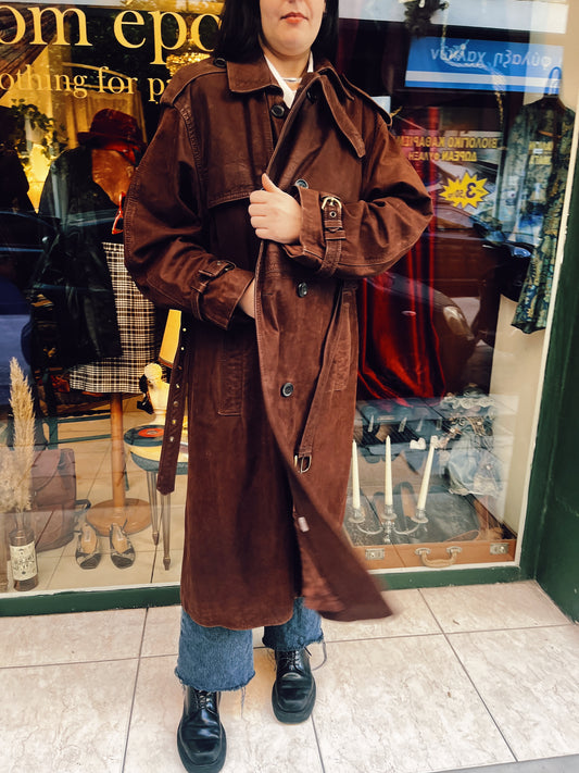 90s genuine leather button up belted coat in XL