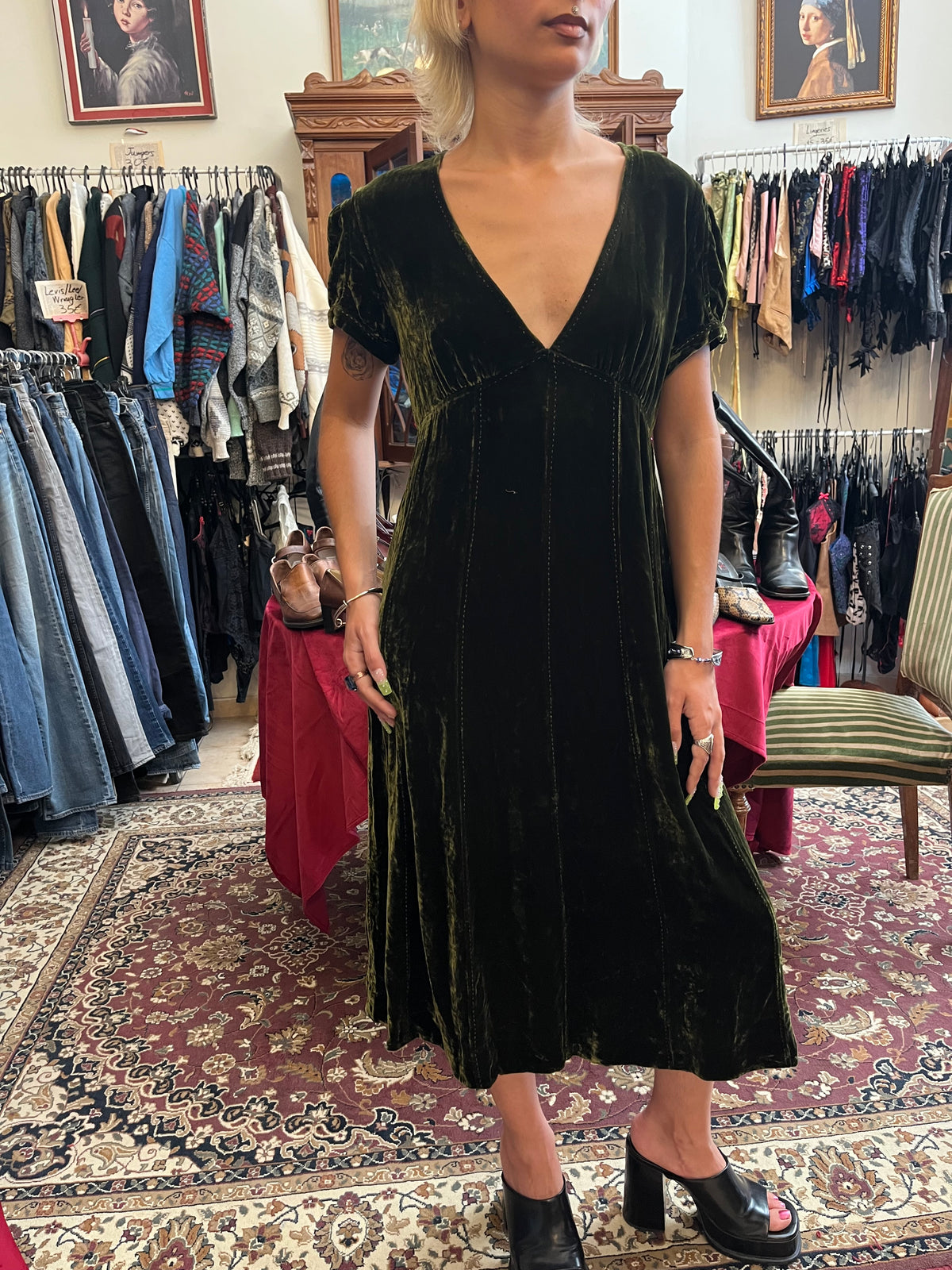 Vintage dark olive Victorian dress