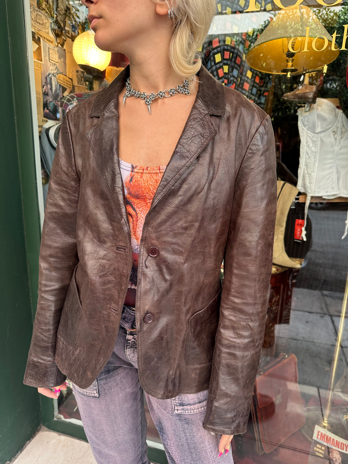Leather brown button up blazer /jacket