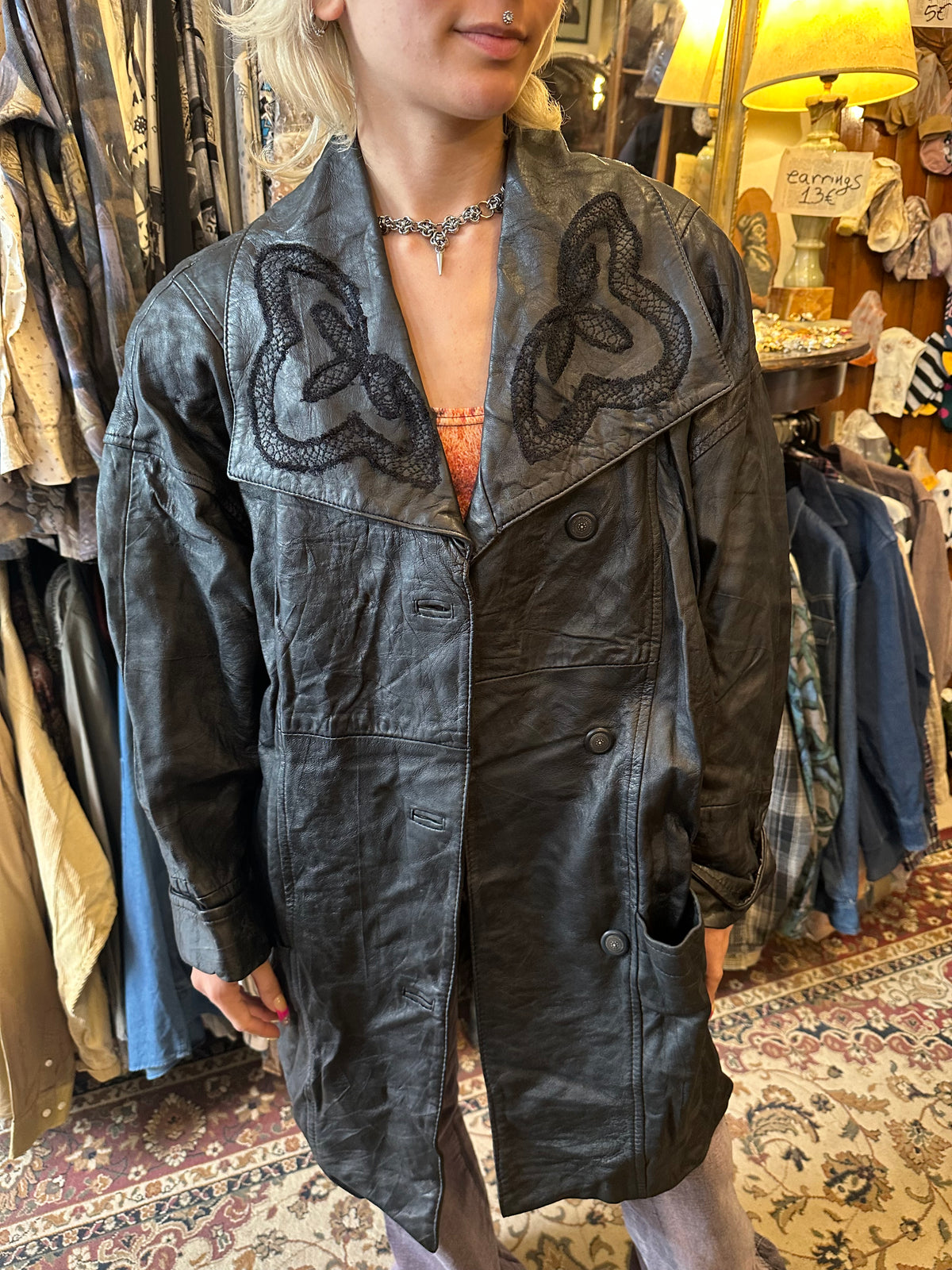 Vintage Black Leather Jacket with Flower Details