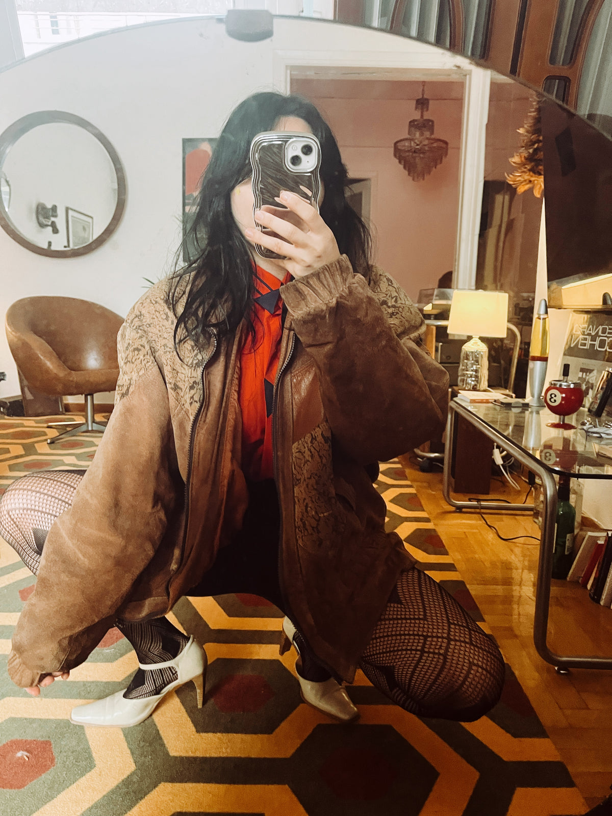 90s patterned zip up suede  jacket .