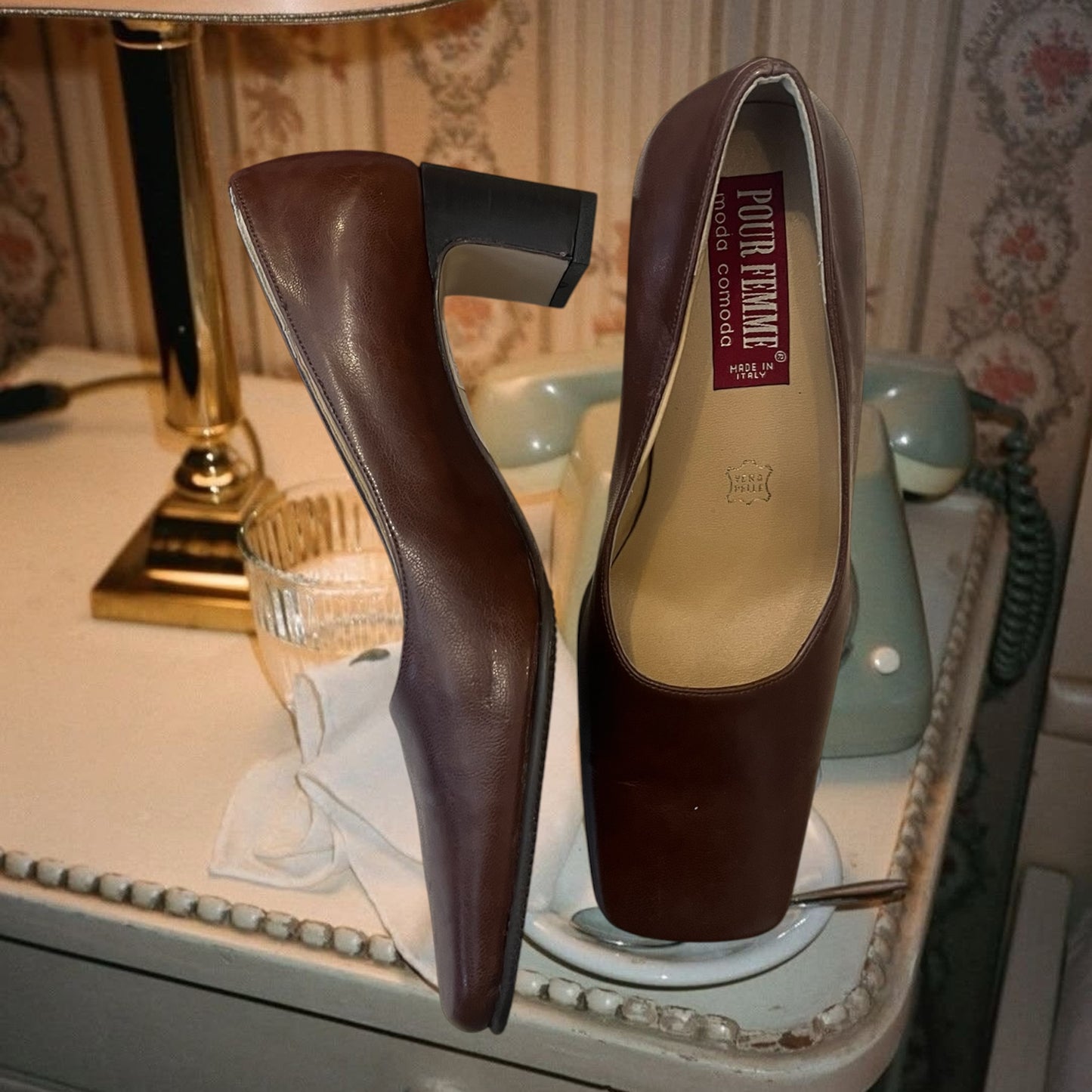 French style leather brown heeled everyday shoes