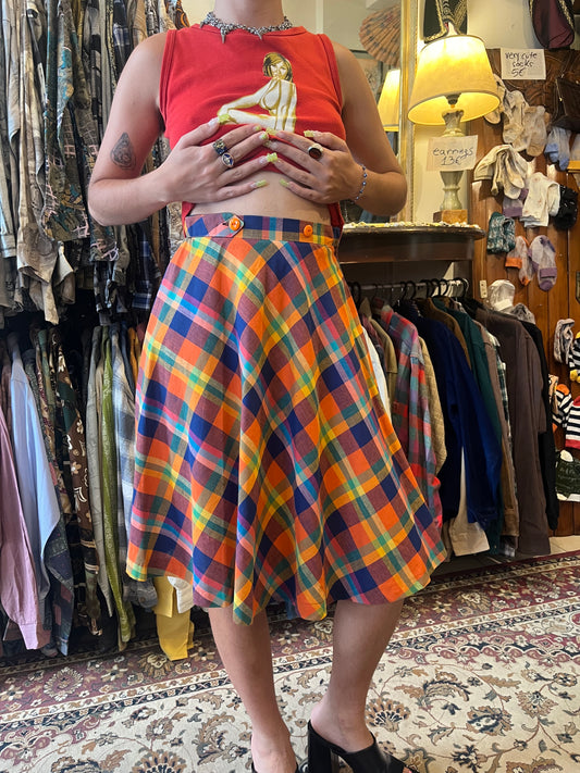 Colourful midi plaid high waisted skirt