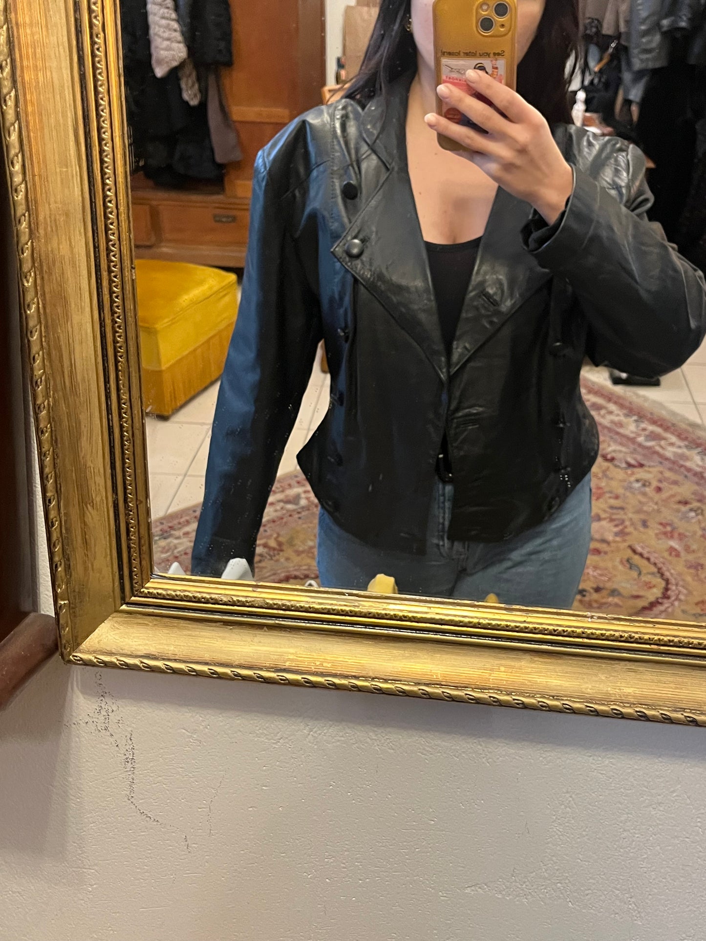 90s collared button up genuine leather jacket .Fits best M