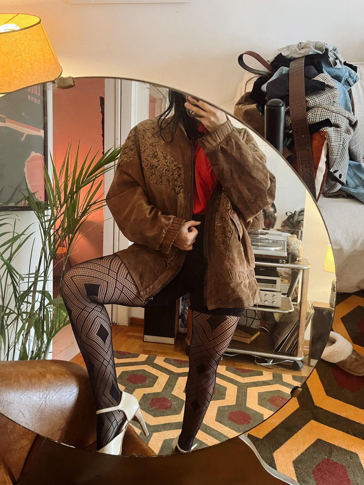 90s patterned zip up suede  jacket .