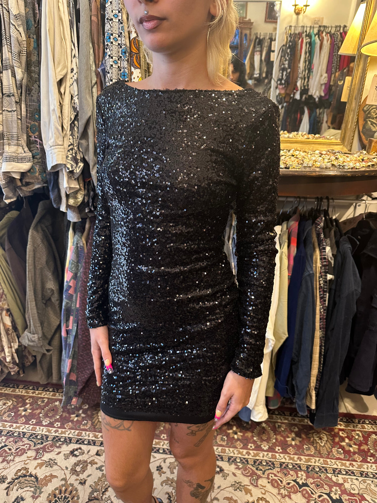 Vintage Black Glitter Mini Dress