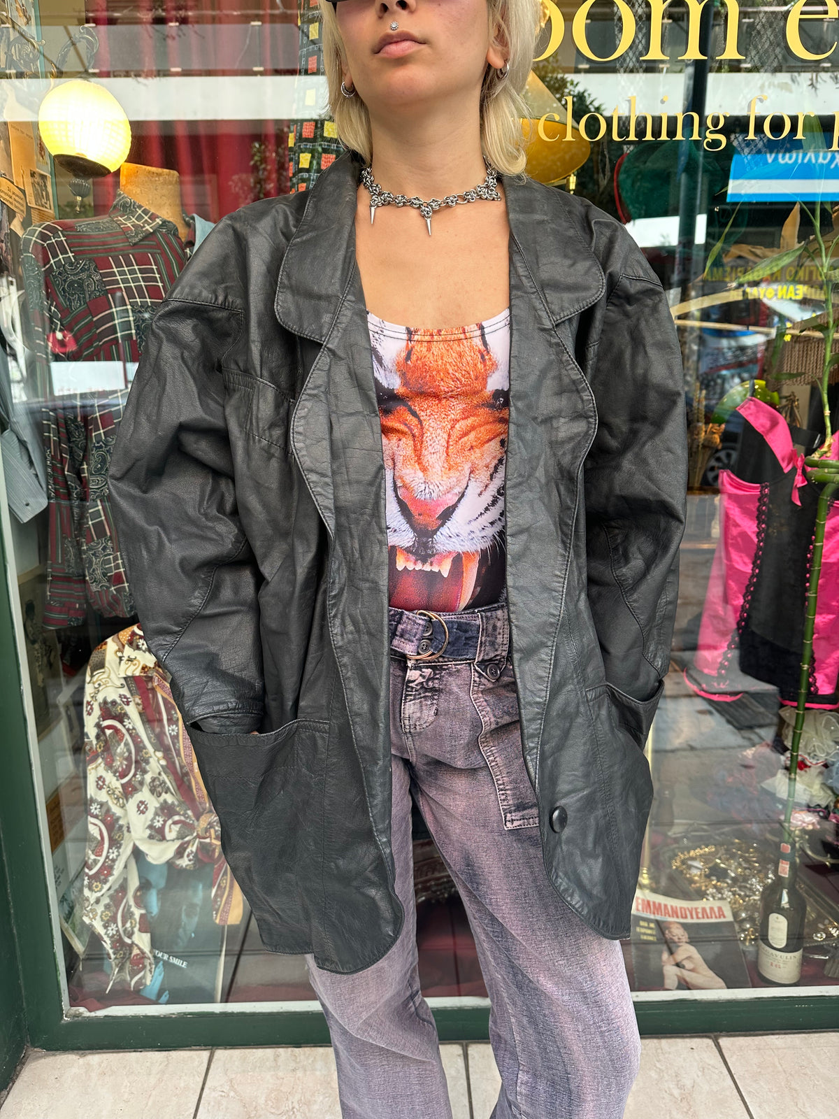 80s puffy collared leather jacket