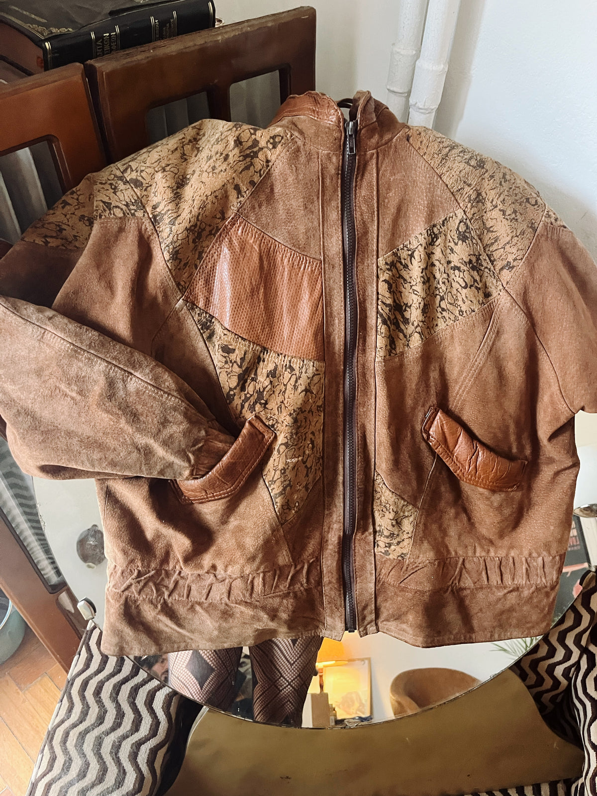 90s patterned zip up suede  jacket .