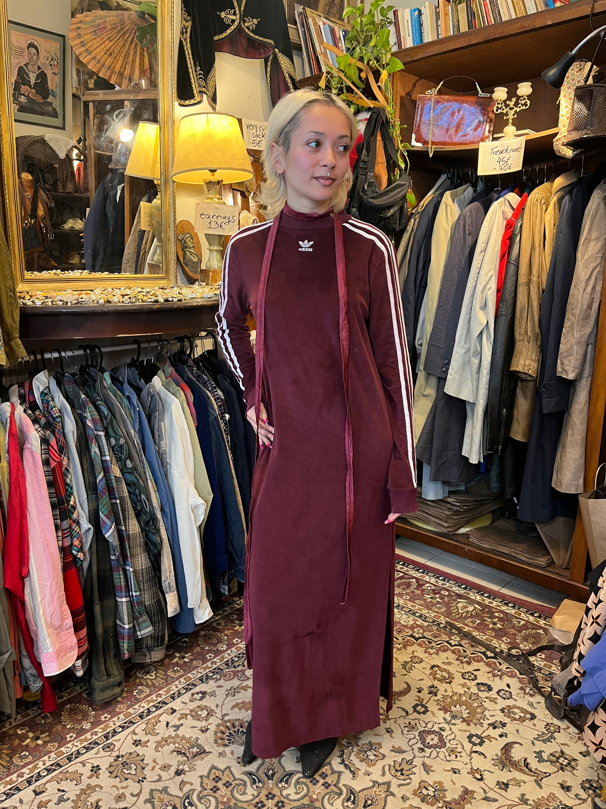 Vintage Adidas maxi dress in deep burgundy velvet, featuring the iconic three stripes and embroidered Trefoil logo.