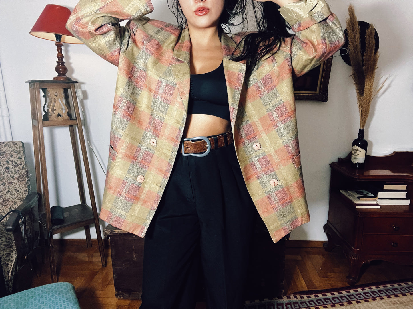 90s plaid button up blazer .Fits S-L