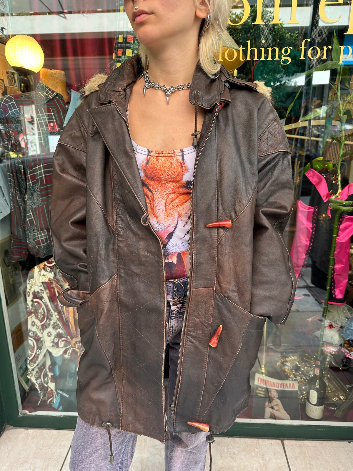 Vintage Brown Leather Jacket with Fur Hood