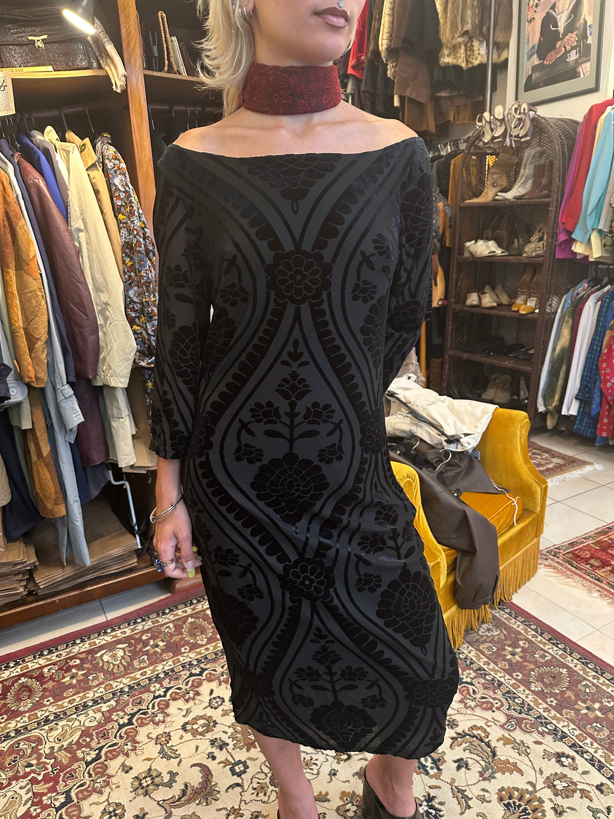 Vintage off shoulder patterned balck dress