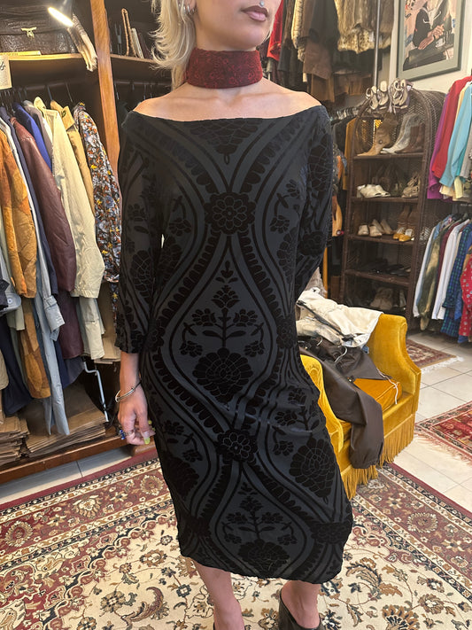 Vintage off shoulder patterned black dress